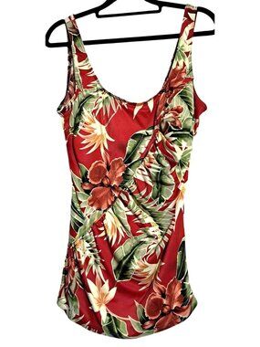 It Figures! Womens One-Piece Swimsuit Size 16 Red Floral Tummy Thinner Nylon/Spa
